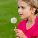Summer joy – lovely girl blowing dandelion, happy child concept.